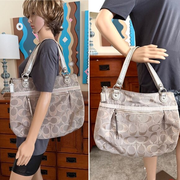 Y2K Coach Signature Poppy Gray Silver Tote Bag Purse Zip Closure Shoulder Bag - Picture 2 of 12